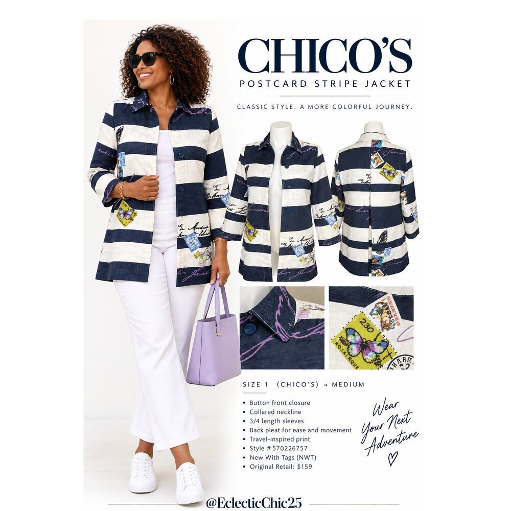 Chico’s Postcard Stripe Jacket 1 M Navy White Travel Butterfly Novelty NWT